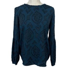 Ann Taylor Loft Womens Blouse MP‎ Blue Velvet Burnout Floral Boho Academia Chic